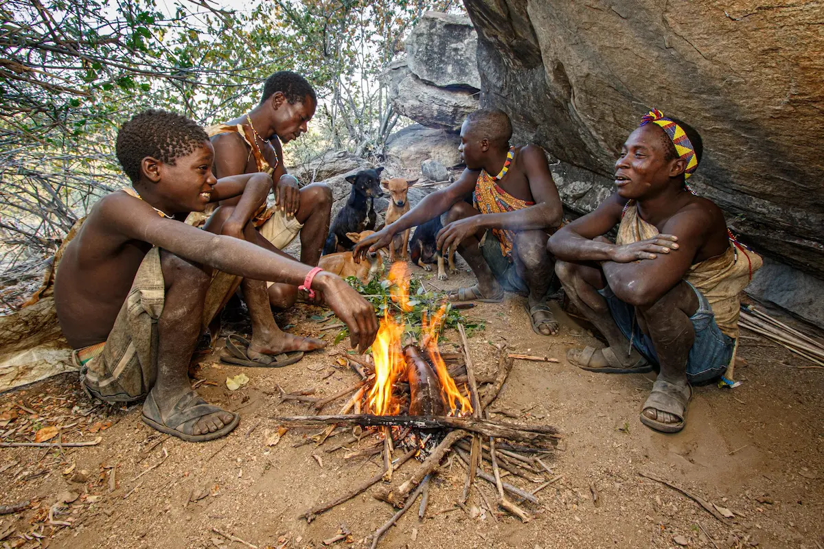 Hadzabe tribespeople with bows and arrows near Lake Eyasi
