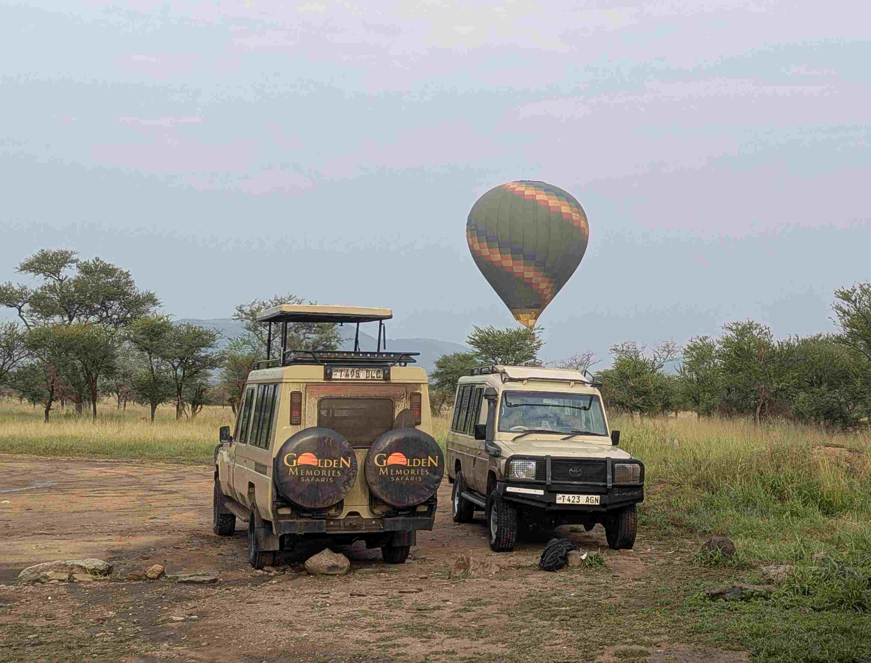 Hot air balloon floating over the Serengeti plains